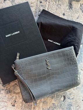 Saint Laurent YSL Gray Croc-Embossed Leather Wrist Pouch with YSL Hardware